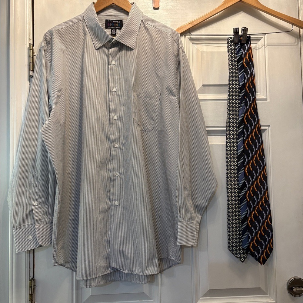 Colours Alexander Julian Mens 2XL Grey Striped Dress Shirt and 3 Tie Bundle Set